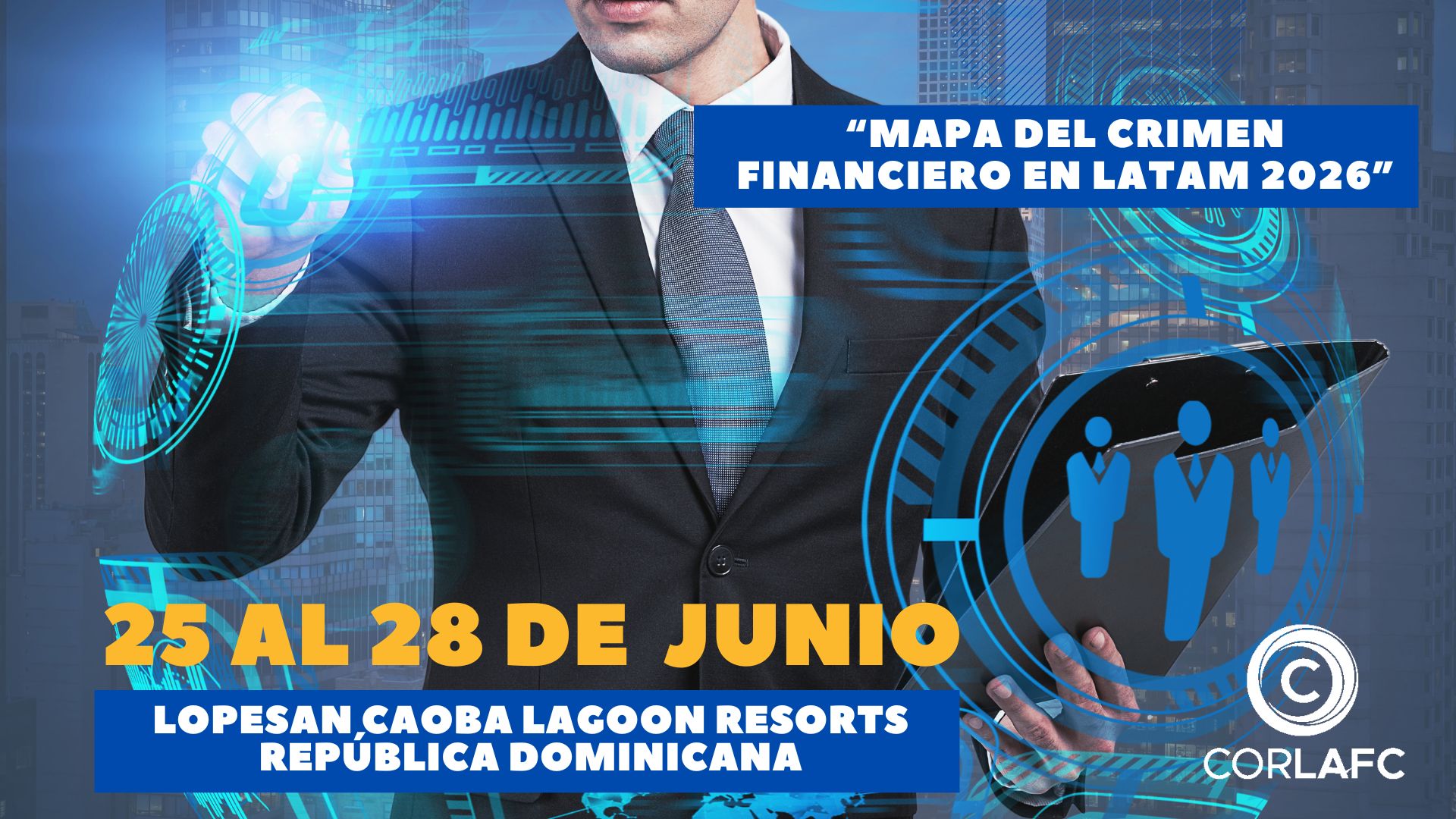 Arte del evento CORLAFC 2026 con fecha 25 al 28 de junio y sede en República Dominicana